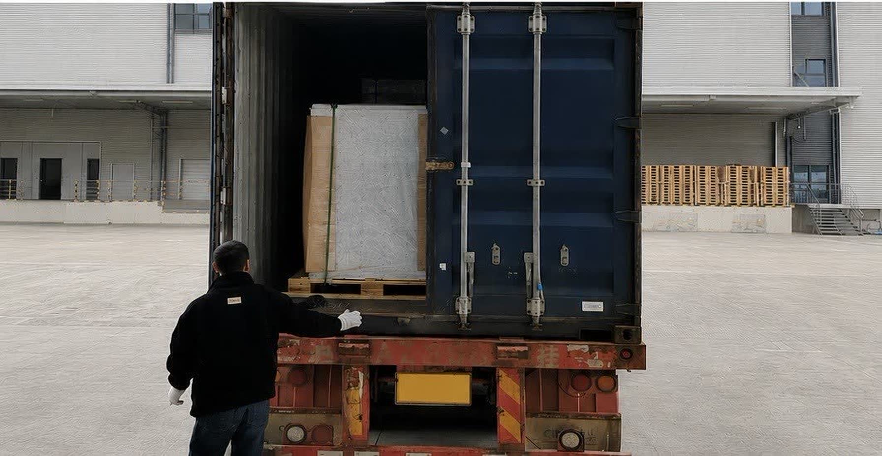 Opérateur vérifiant le chargement d’un conteneur maritime sur une plateforme logistique