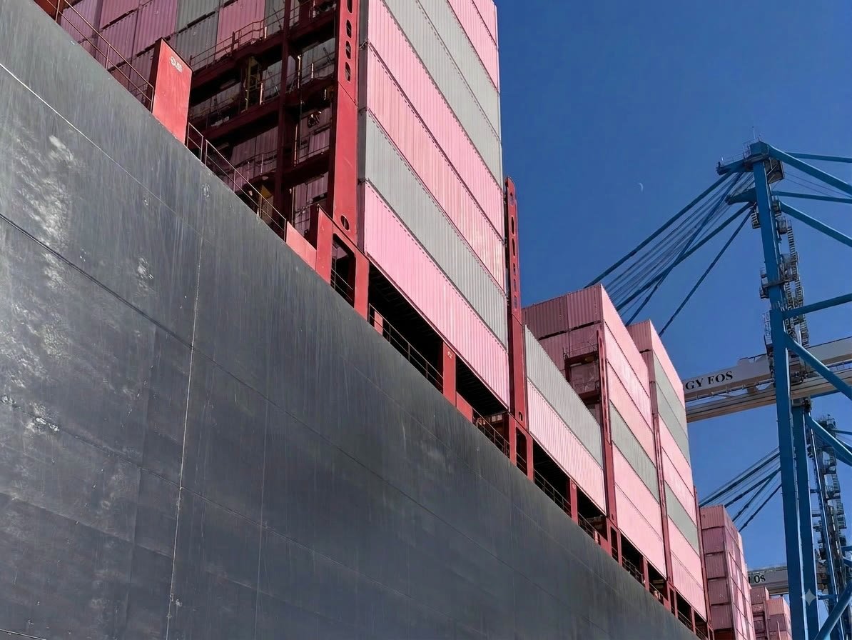 Flanc d’un porte-conteneurs à quai, piles de conteneurs et portique se détachant sur le ciel
