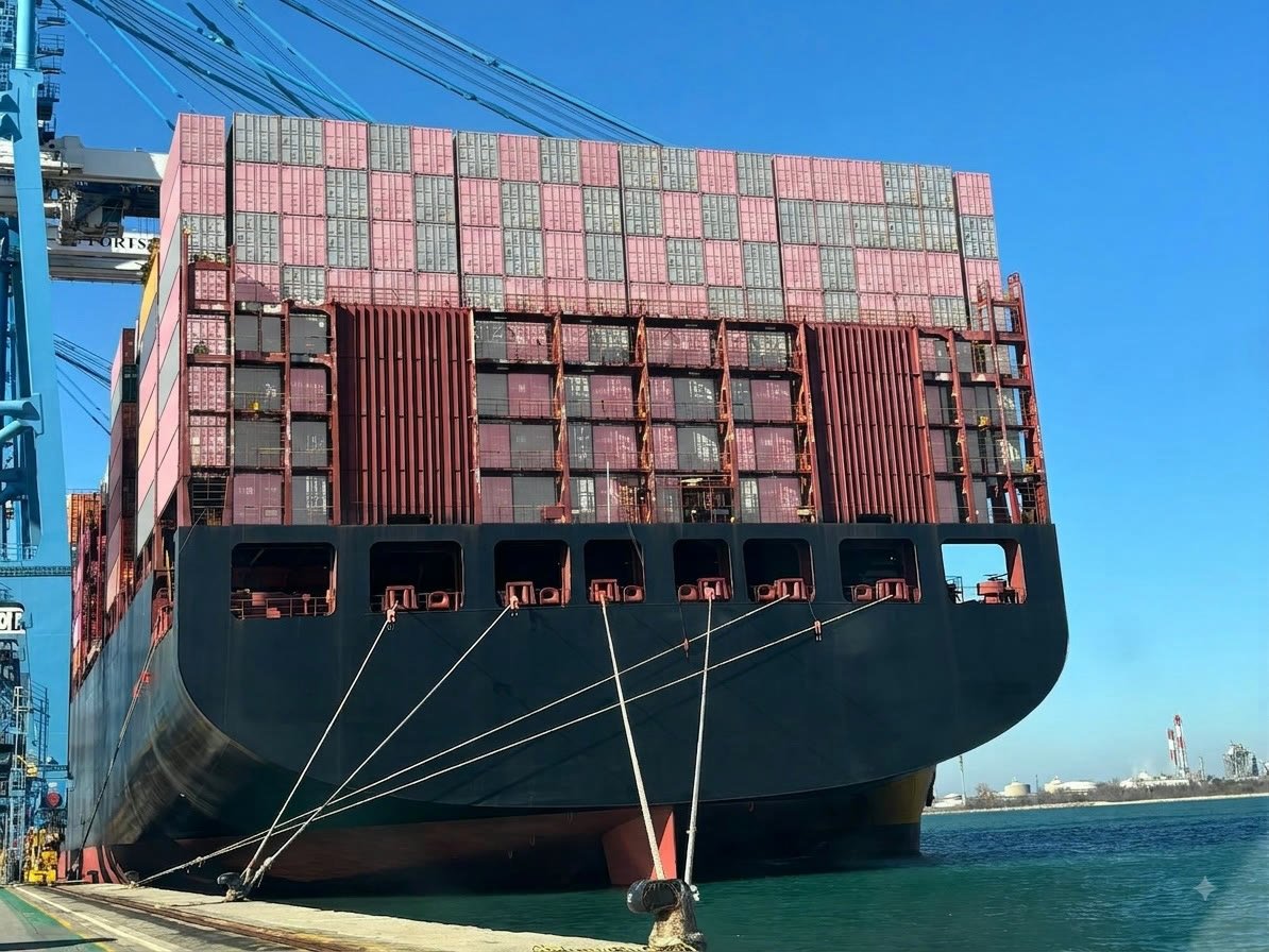 Poupe d’un porte-conteneurs amarré, aussières tendues vers le quai